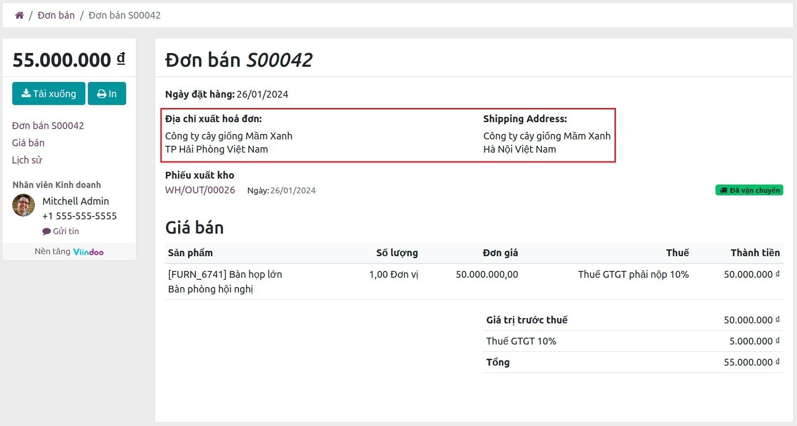 Hiển thị các loại đại chỉ trên phiếu giao hàng và hóa đơn Viindoo