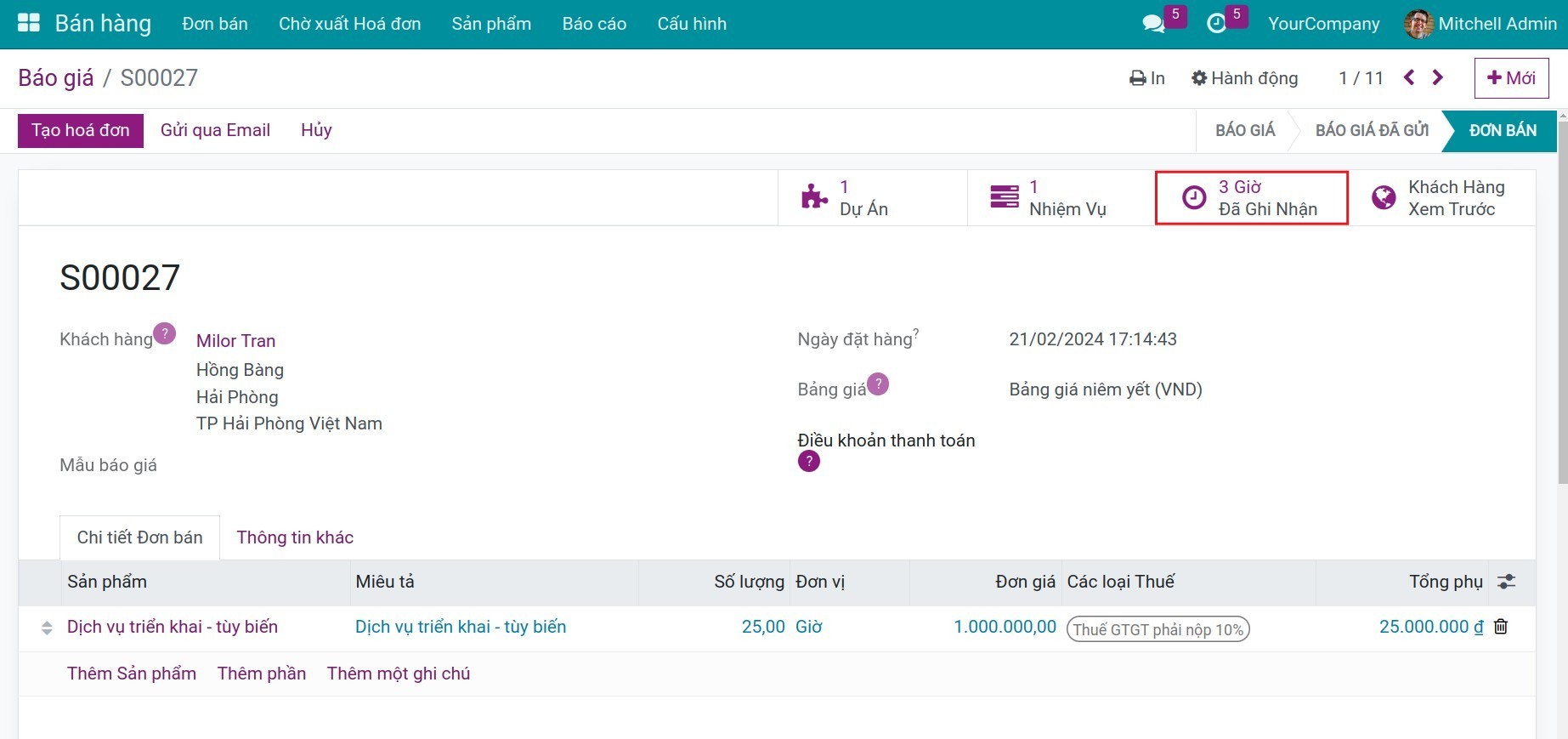 Số giờ hiển thị trên đơn bán Viindoo.