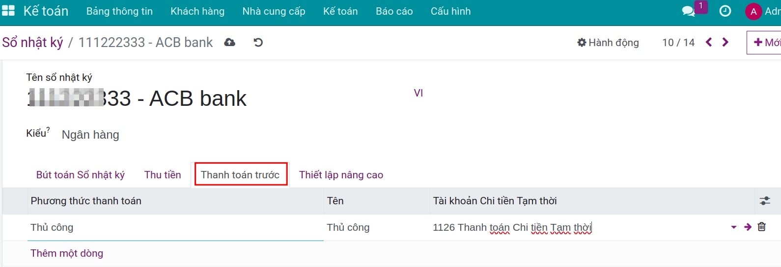 Cấu hình tab thanh toán chi tiền trên sổ nhật ký ngân hàng - Phần mềm kế toán Viindoo