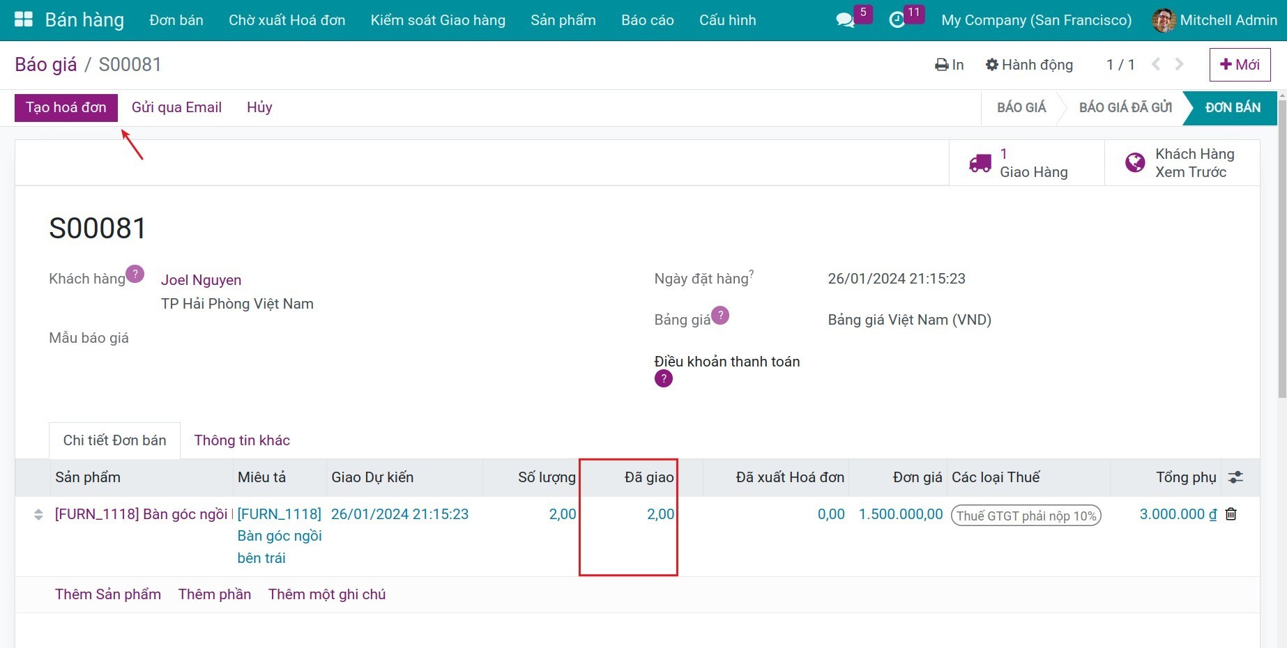 Tạo hóa đơn theo số lượng đã giao Invoice Viindoo