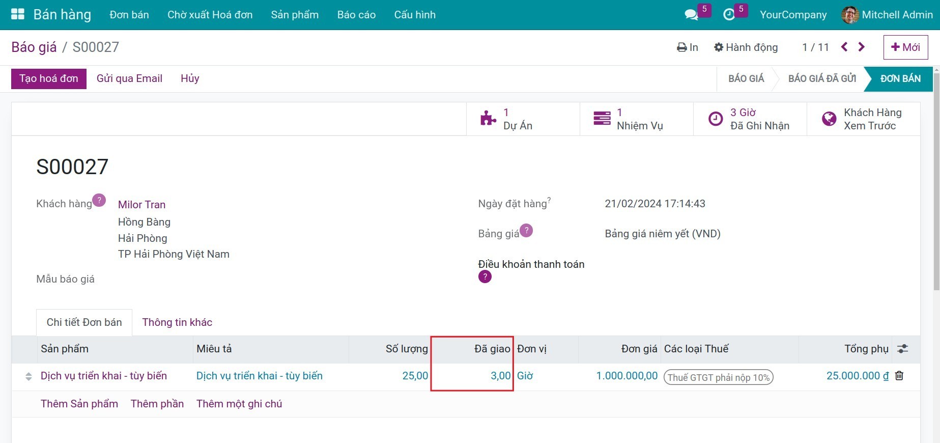Tổng hợp số giờ trên dòng chi tiết của đơn bán Viindoo