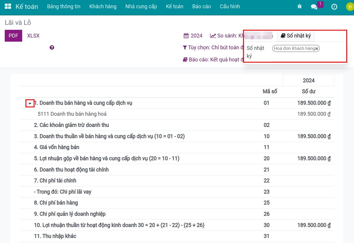 Lựa chọn xem báo cáo theo từng sổ nhật ký trên báo cáo