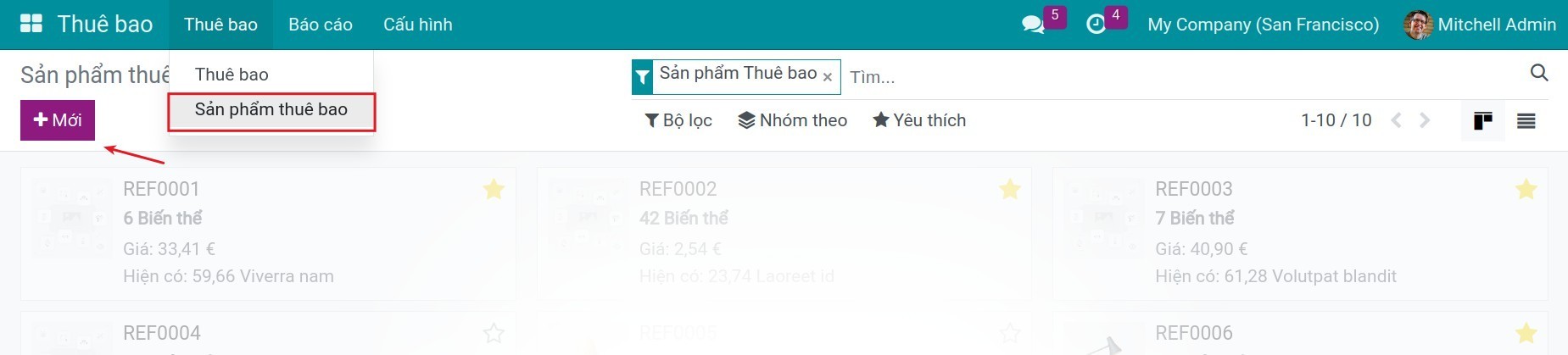 Truy cập menu sản phẩm thuê bao