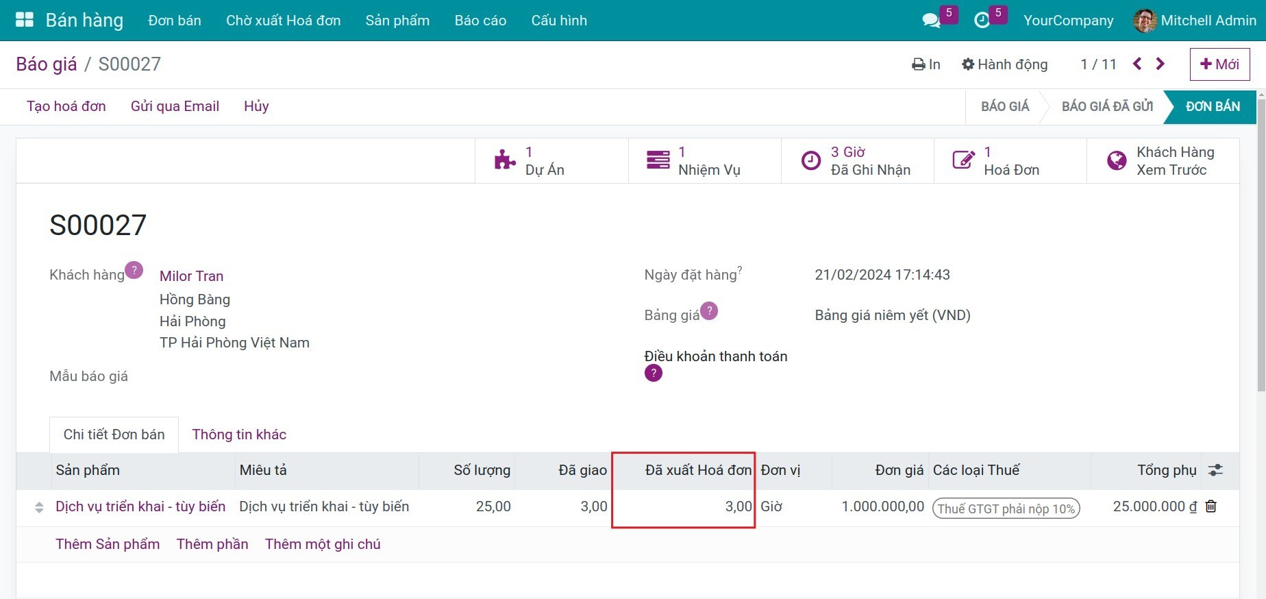 Cập nhật số giờ sau khi đã xuất hóa đơn cho khách Viindoo.