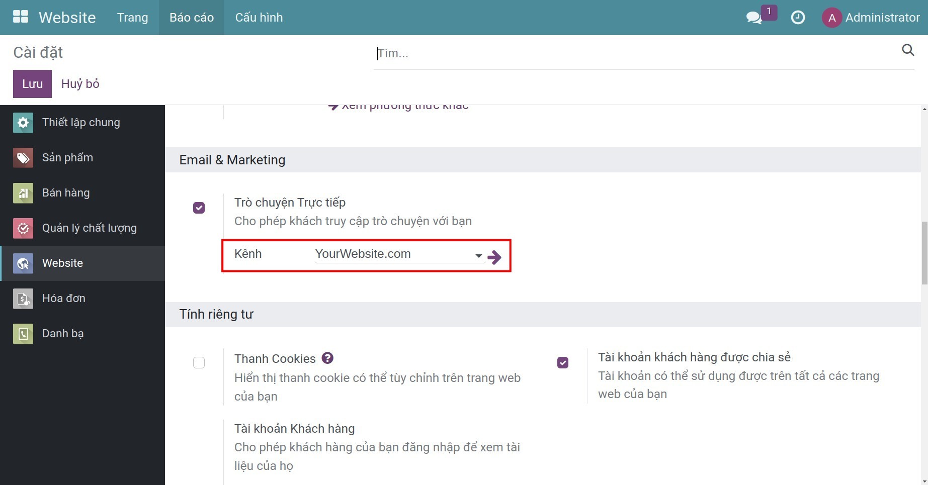 Liên kết kênh chat với website