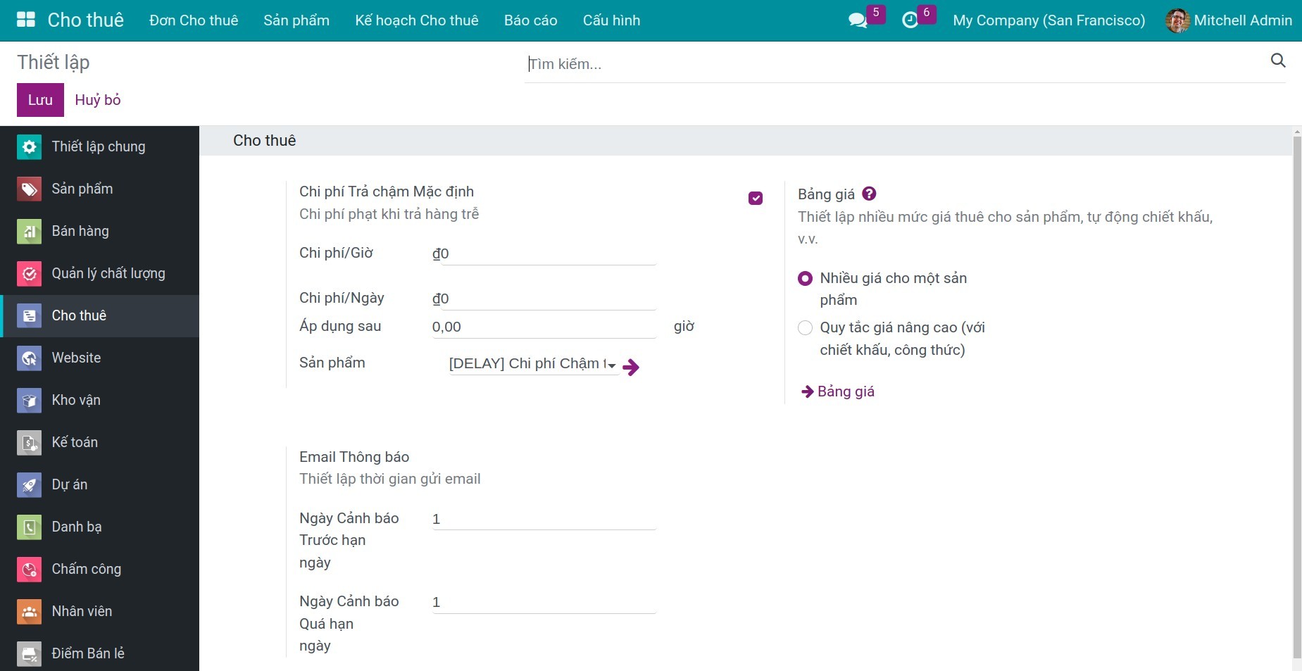 Thiết lập chung của ứng dụng