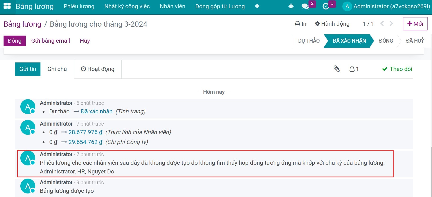 Thông báo về nhân viên không tạo được phiếu lương - Phần mềm quản lý tính lương Viindoo