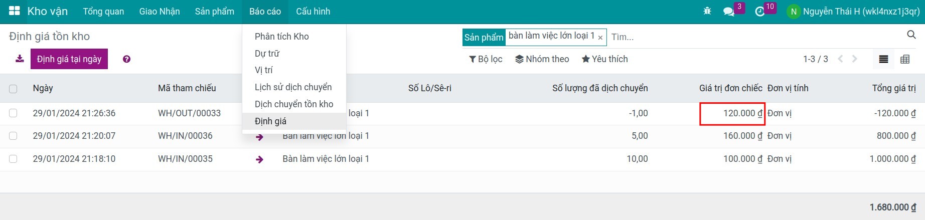 báo cáo định giá tồn kho