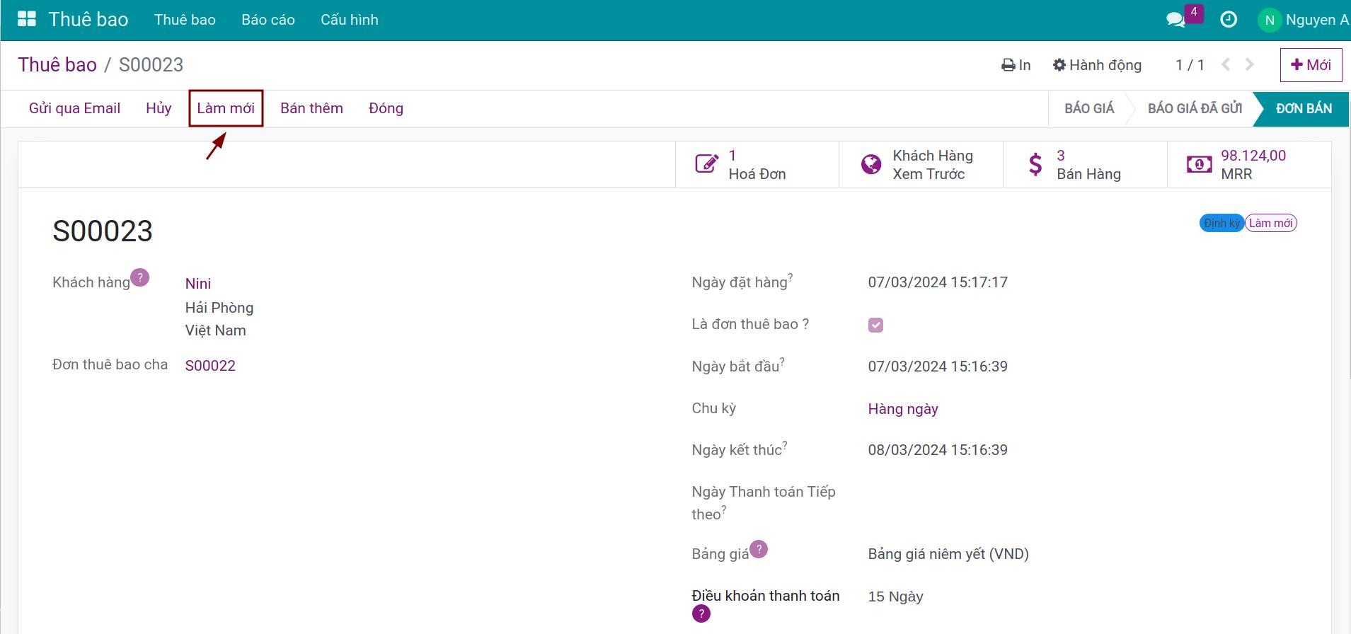 Chọn làm mới thủ công thuê bao