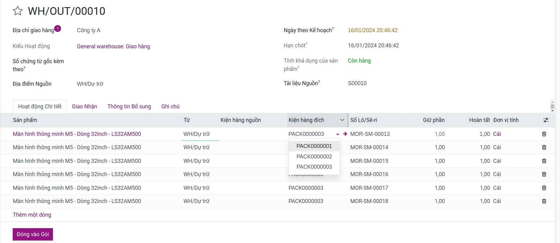 Linh hoạt chuyển đổi gói hàng hóa trên phiếu giao hàng trong Phần mềm quản lý kho của Viindoo