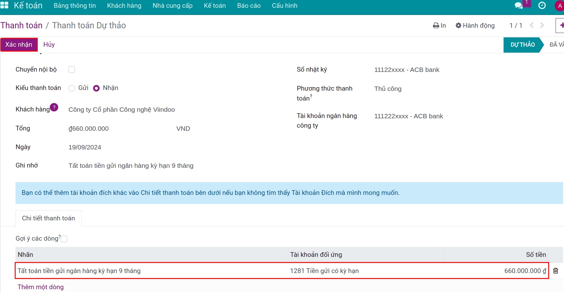 Tất toán tiền gửi có kỳ hạn