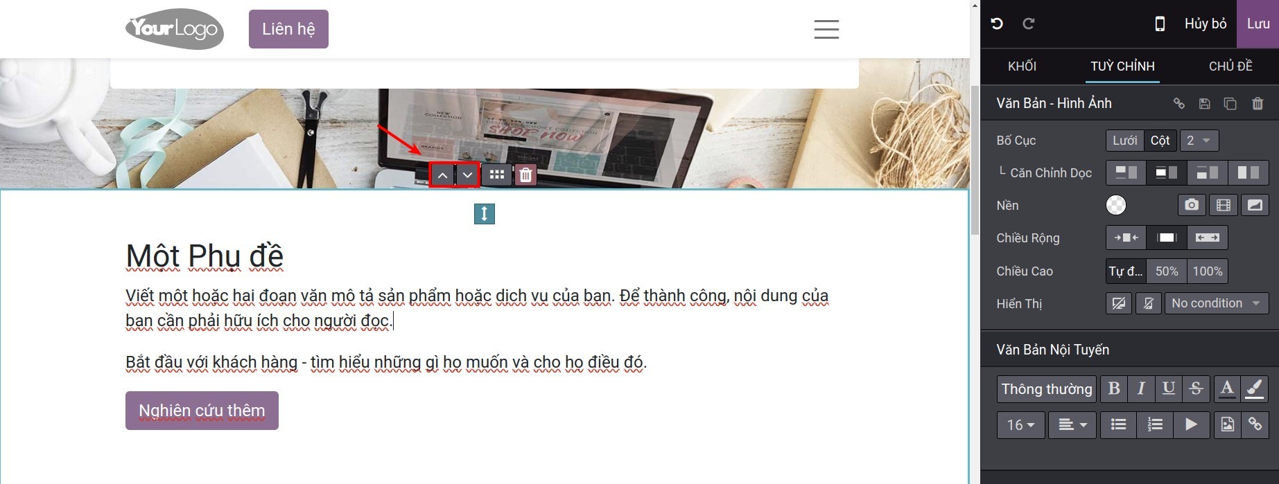 Di chuyển khối nội dung theo mũi tên