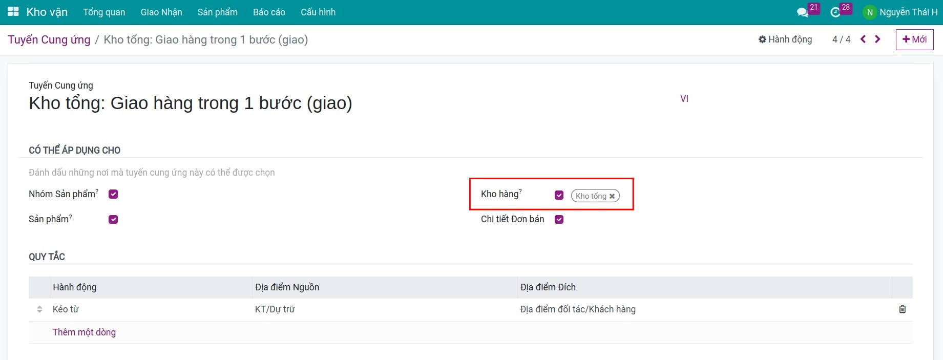 cấu hình tuyến trên kho hàng Kho vận Viindoo