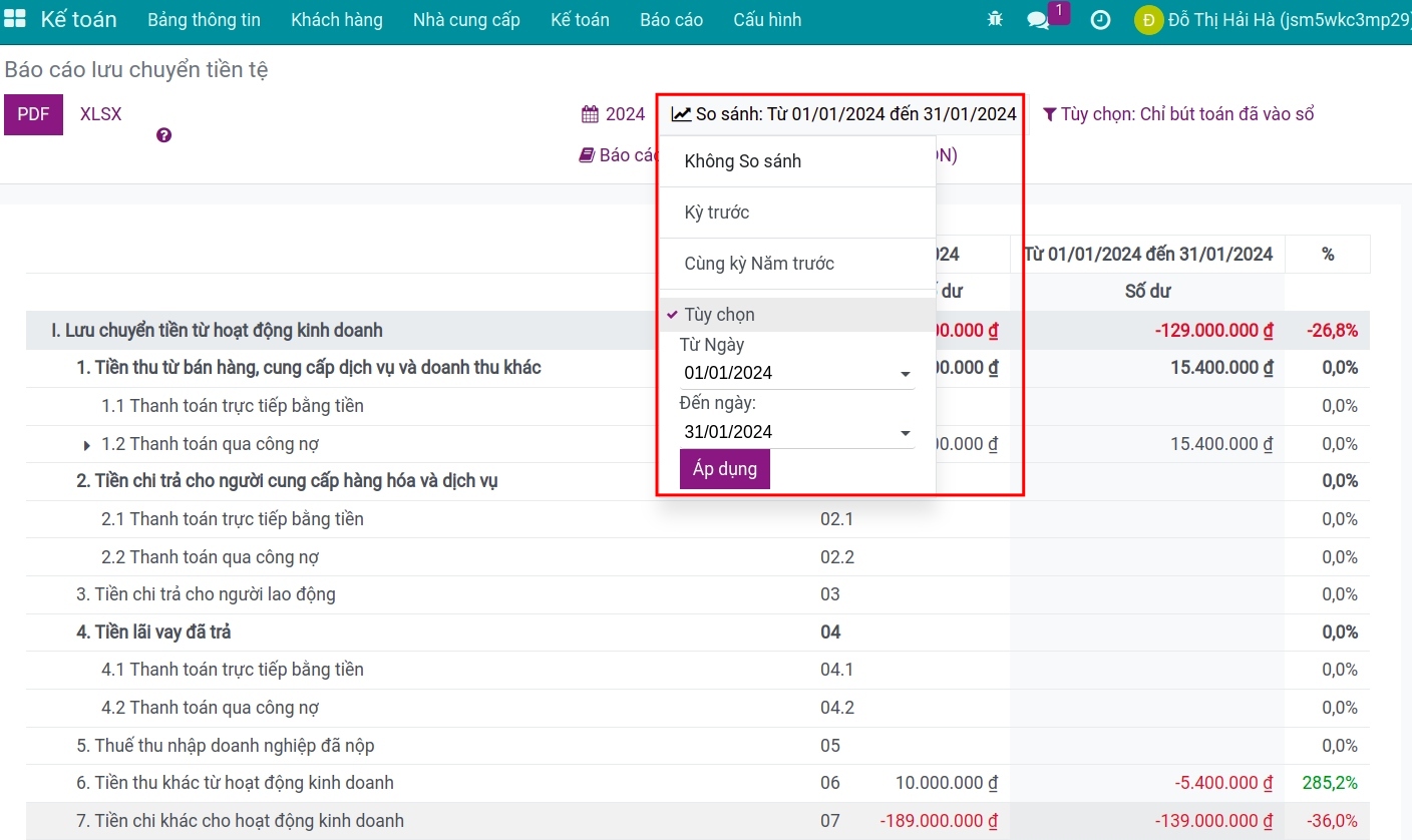 Giao diện xem so sánh các kỳ trên báo cáo lưu chuyển tiền tệ