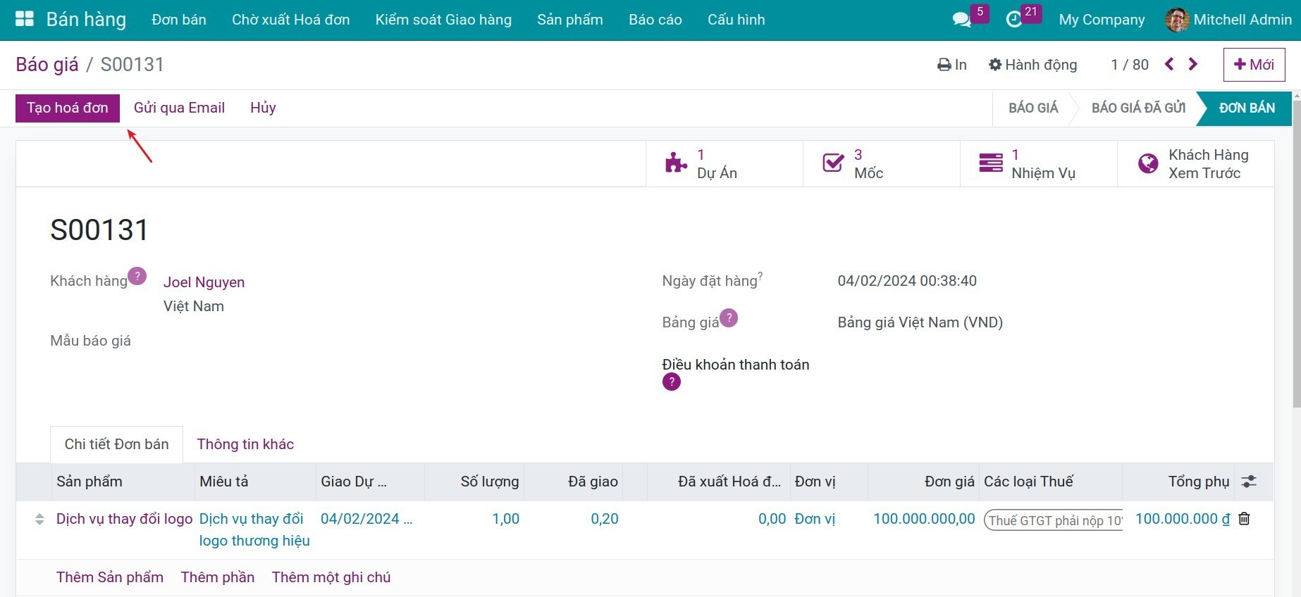 Nút tạo hóa đơn