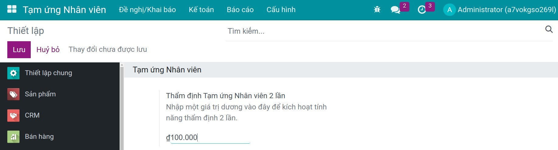 Cấu hình phê duyệt tạm ứng lần hai