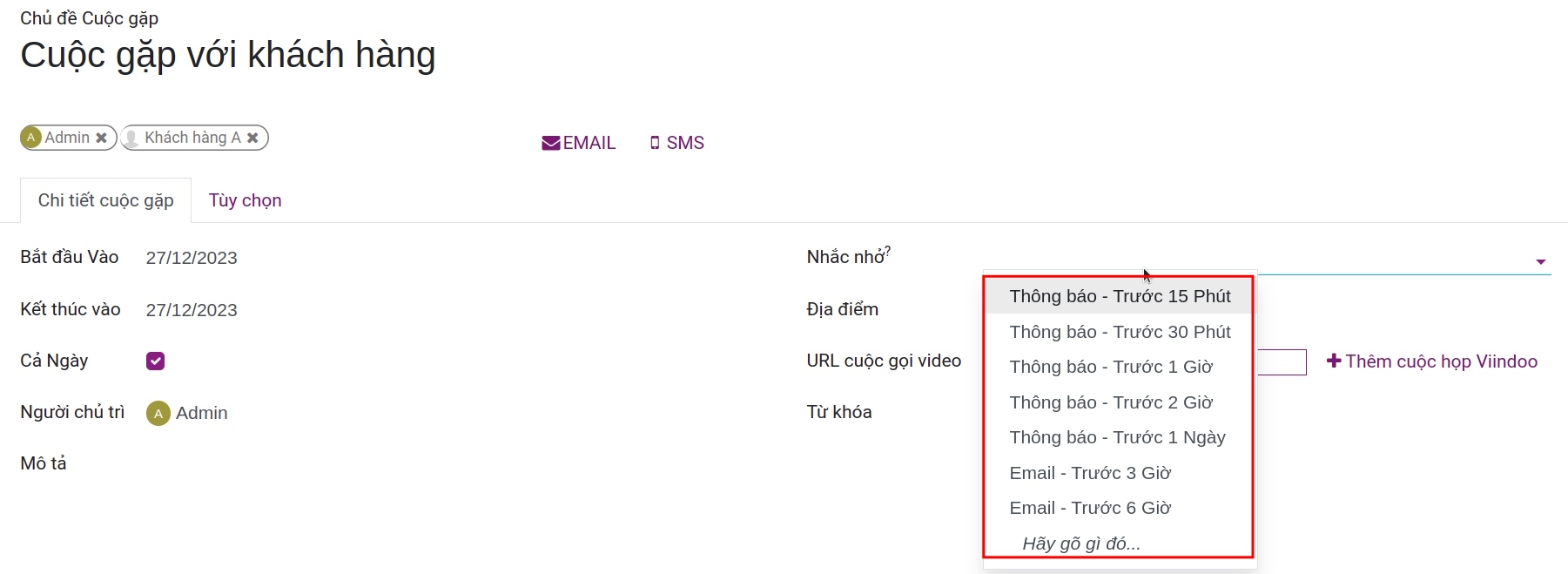 Nhắc nhở cuộc họp bằng thông báo Viindoo hoặc email