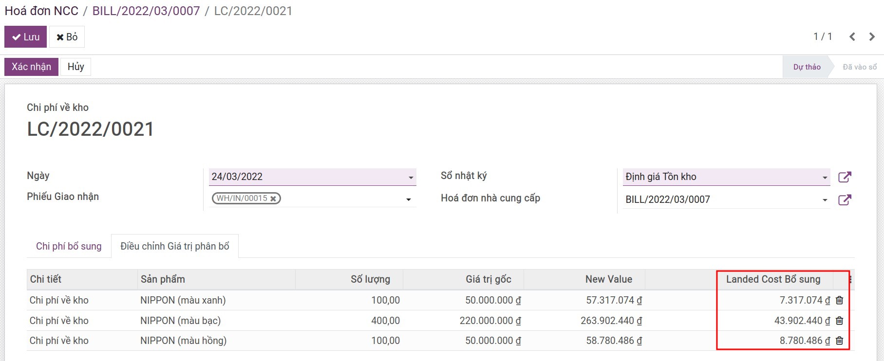 Phân bổ chi phí về kho theo khối lượng - Viindoo Accounting