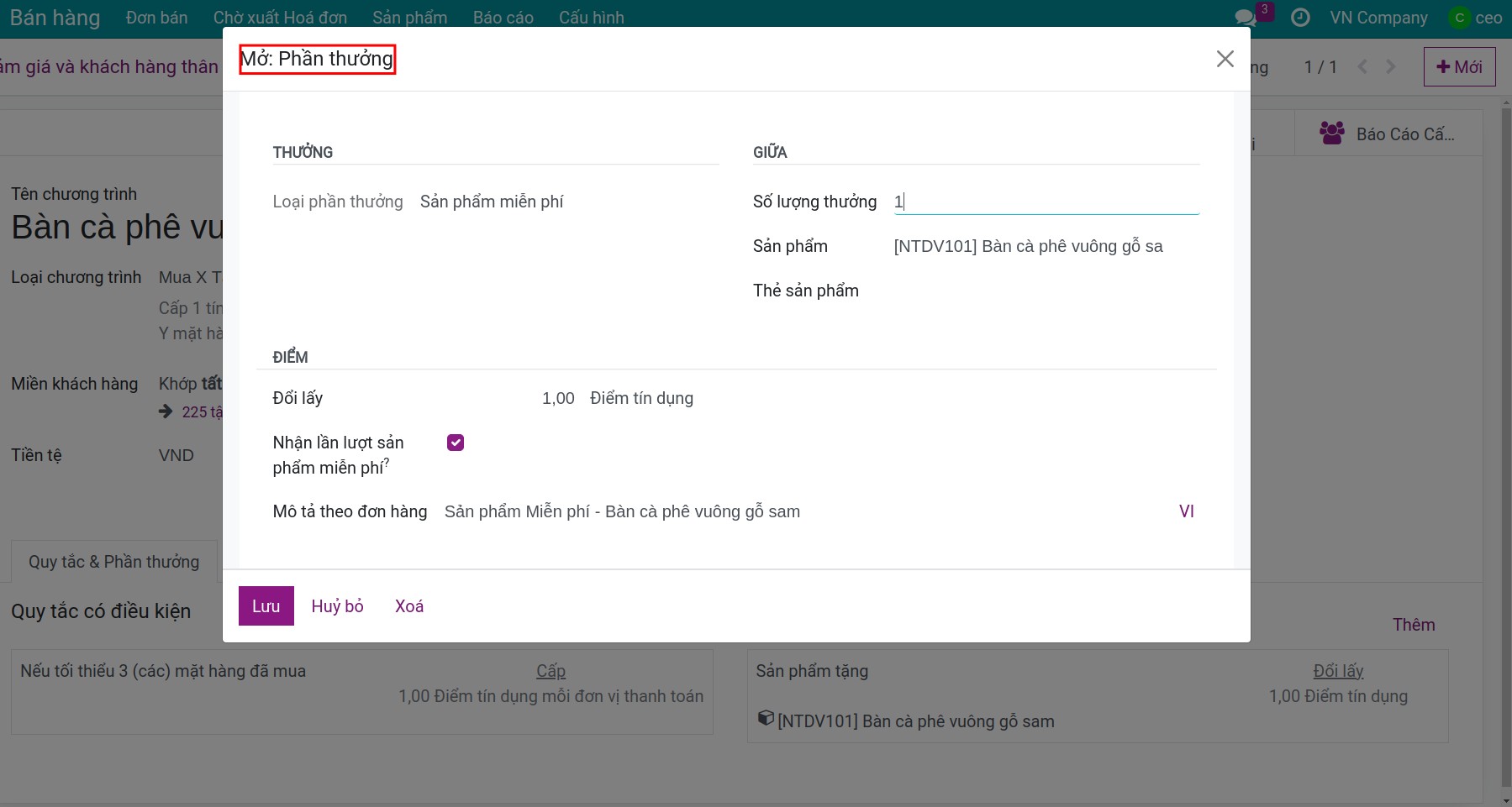Thiết lập phần thưởng cho chương trình mua X tặng Y