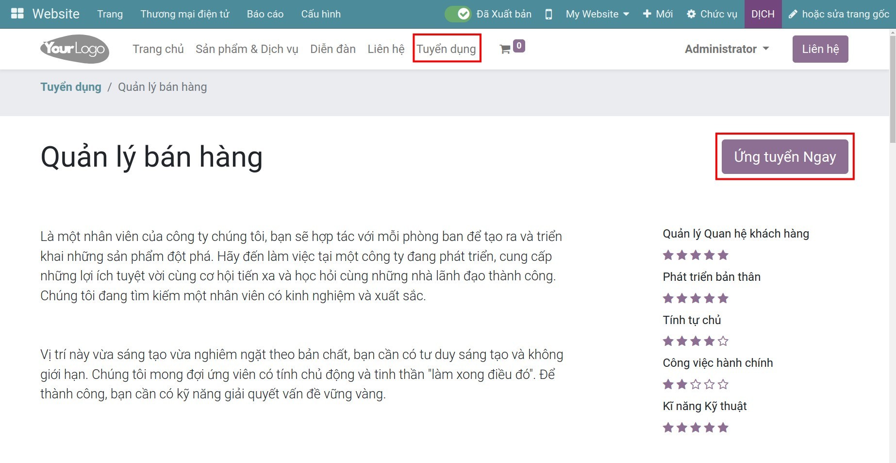 Bấm nút ứng tuyển trên website