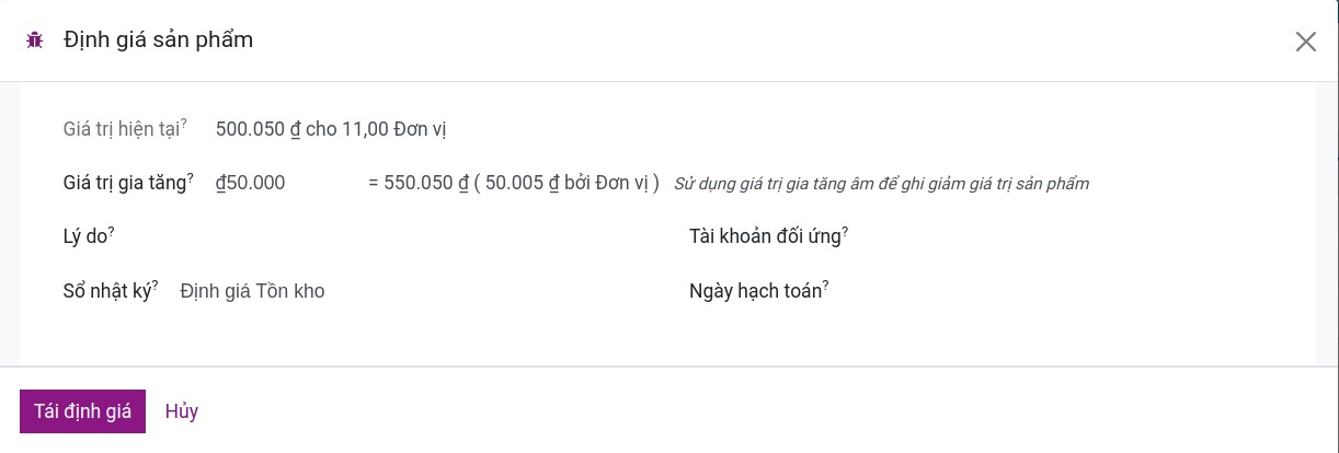 Điều chỉnh giá trị hàng tồn kho Viindoo