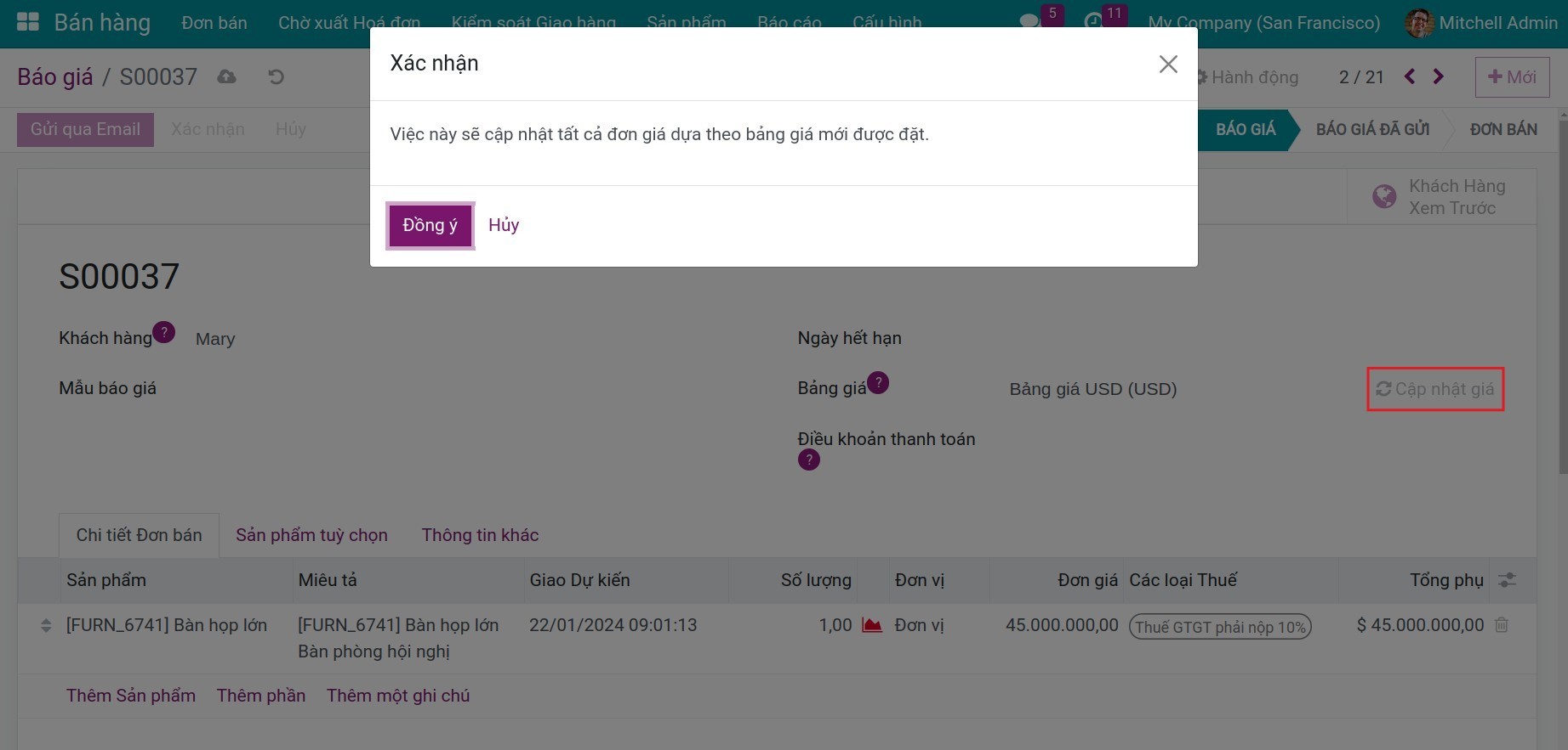 Giá được cập nhật trên đơn bán