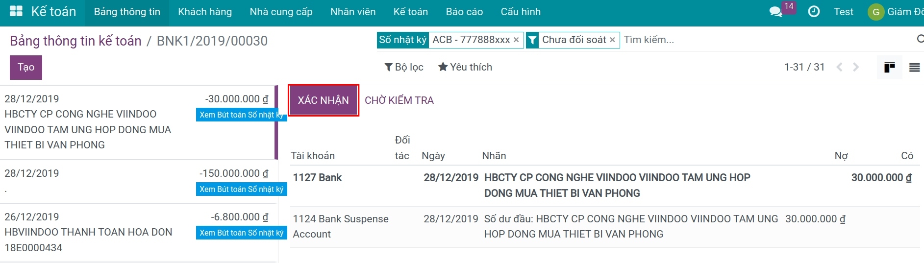 Đối soát sao kê ngân hàng - Phần mềm kế toán Viindoo