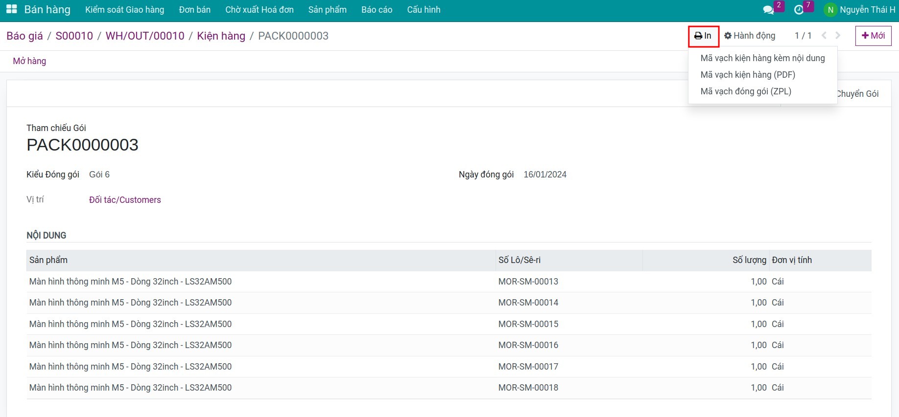 In mã vạch gói hàng trong Phần mềm quản lý kho của Viindoo