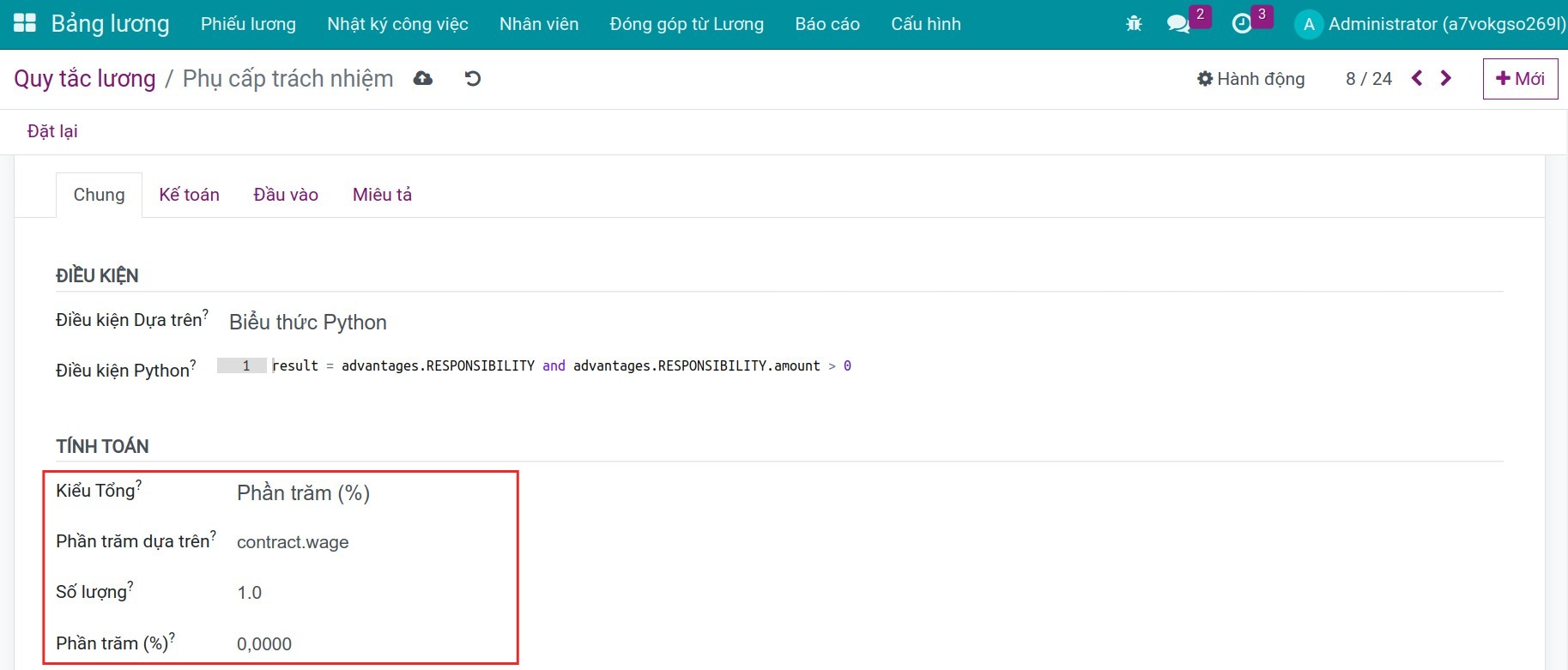Kiểu công thức tính toán Phần trăm Quy tắc lương Bảng lương Viindoo