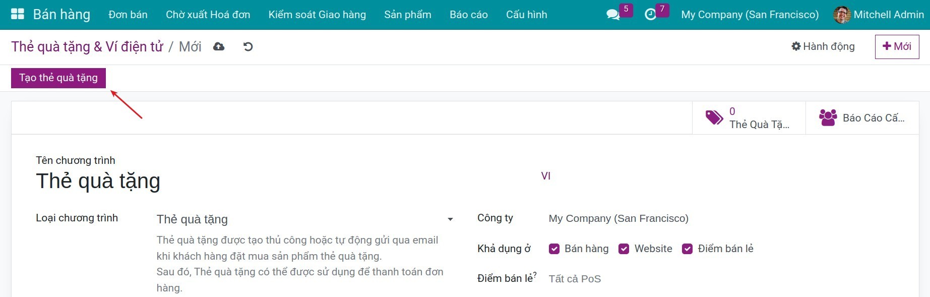 Tạo thẻ quà tặng trong Viindoo
