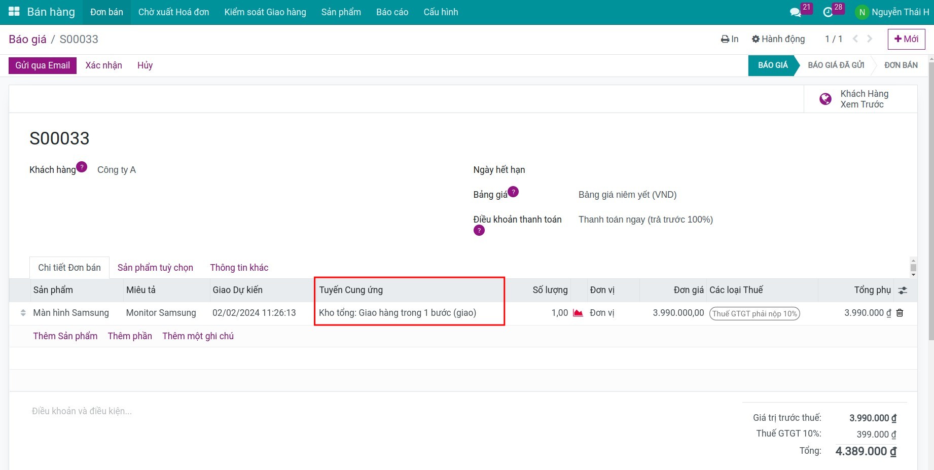 Cấu hình tuyến trên báo giá Kho vận Viindoo