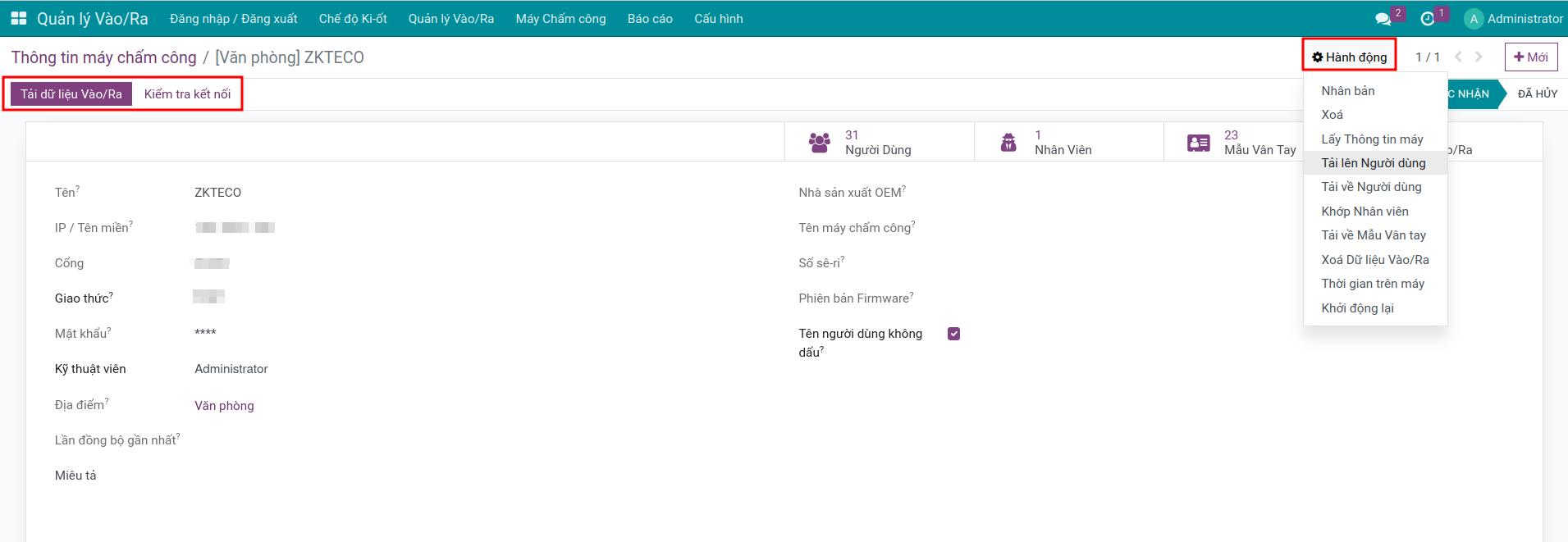 Các nút trên giao diện thông tin thiết bị chấm công