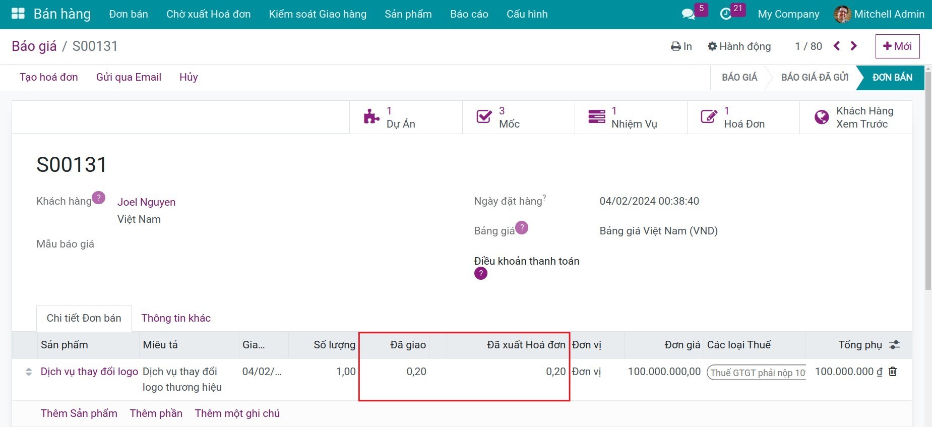 Cập nhật số lượng đã xuất hóa đơn