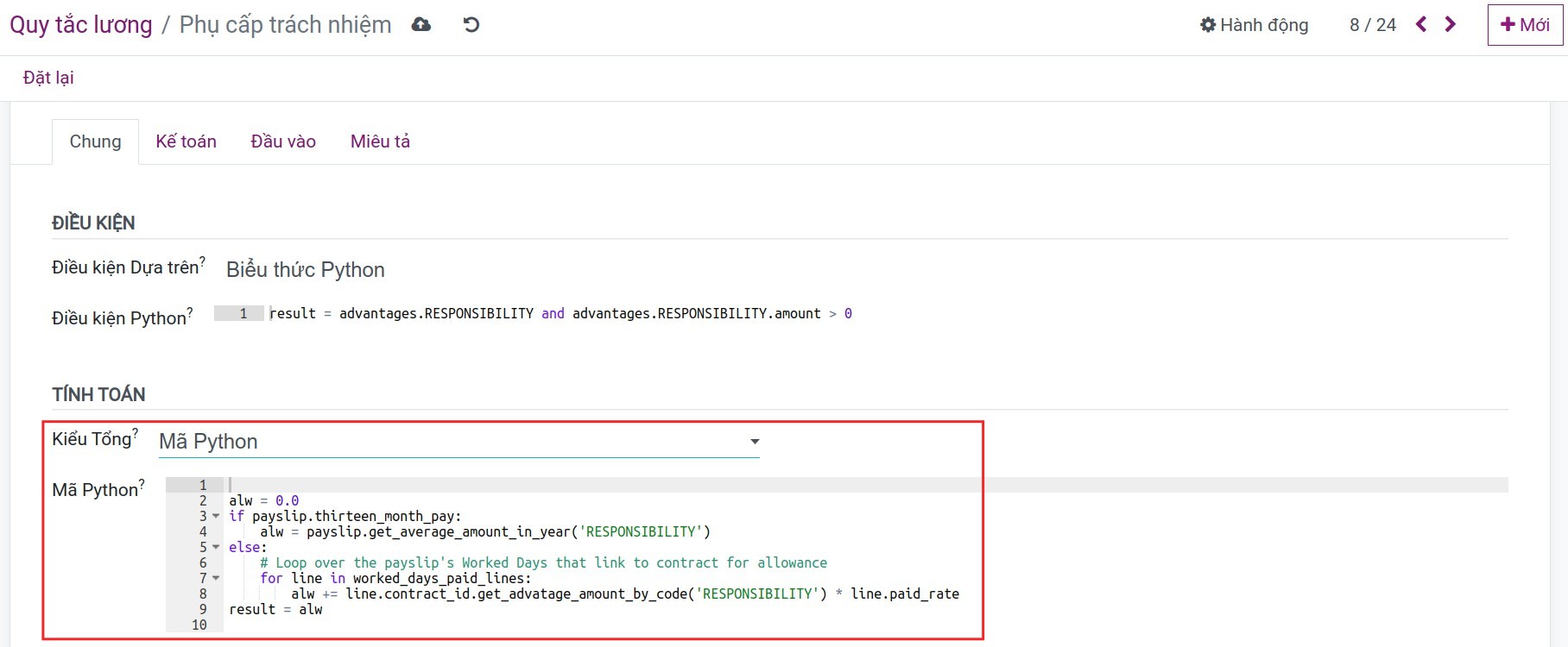 Kiểu công thức tính toán Mã Python Quy tắc lương Bảng lương Viindoo