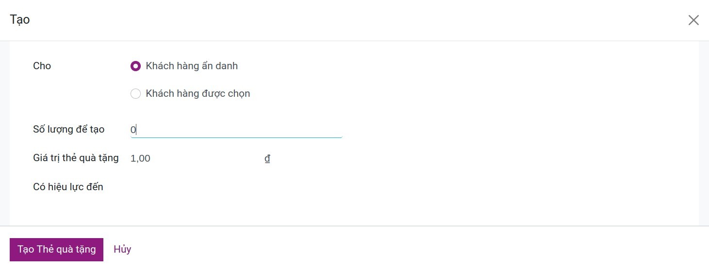 Thiết lập thẻ quà tặng trong Viindoo
