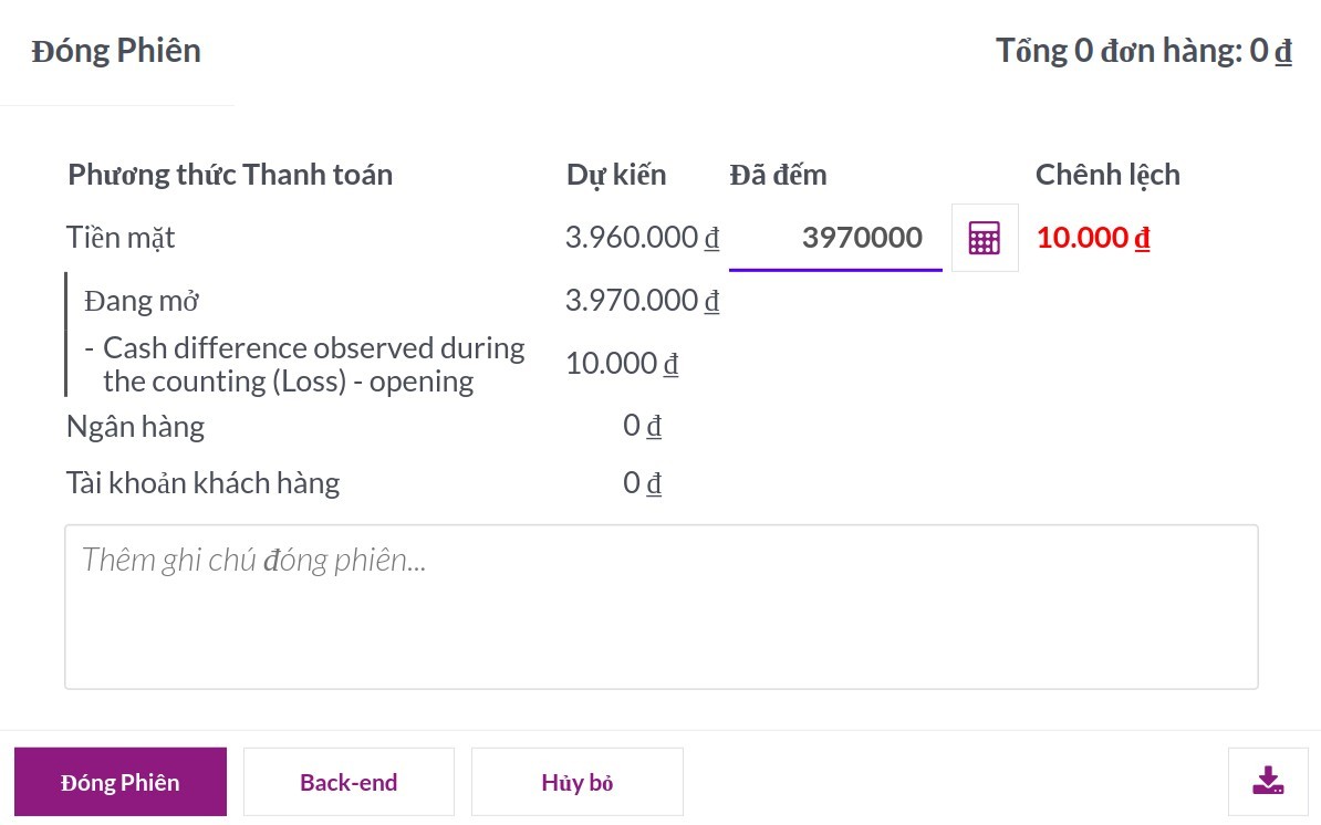 Chấp nhận chênh lệch thanh toán trên Viindoo PoS