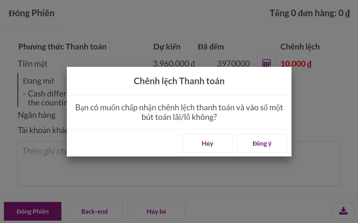 Chấp nhận chênh lệch thanh toán trên Viindoo PoS
