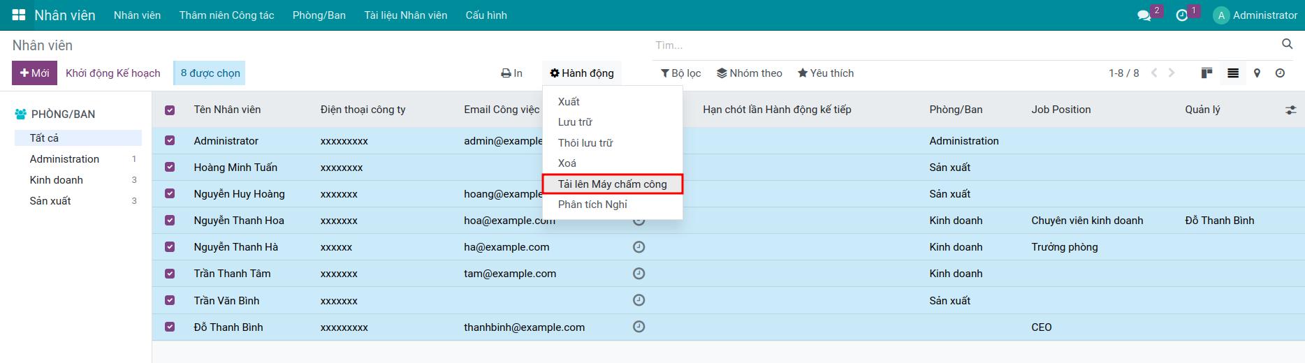 Tải danh sách nhân viên lên máy chấm công