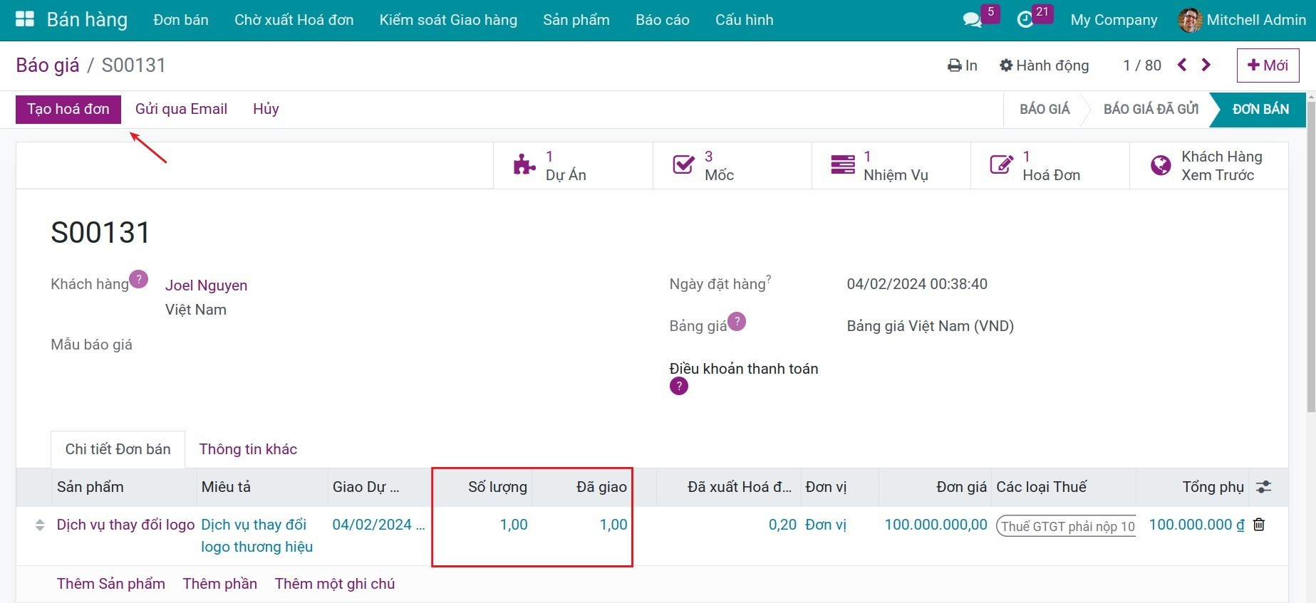 Cập nhật số lượng đã giao sau khi dự án hoàn thành