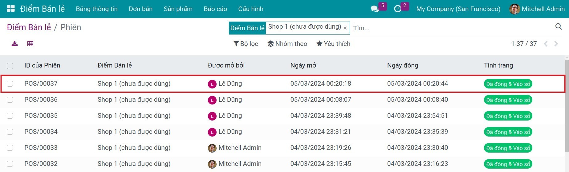 Đóng phiên bán hàng và Vào sổ bút toán