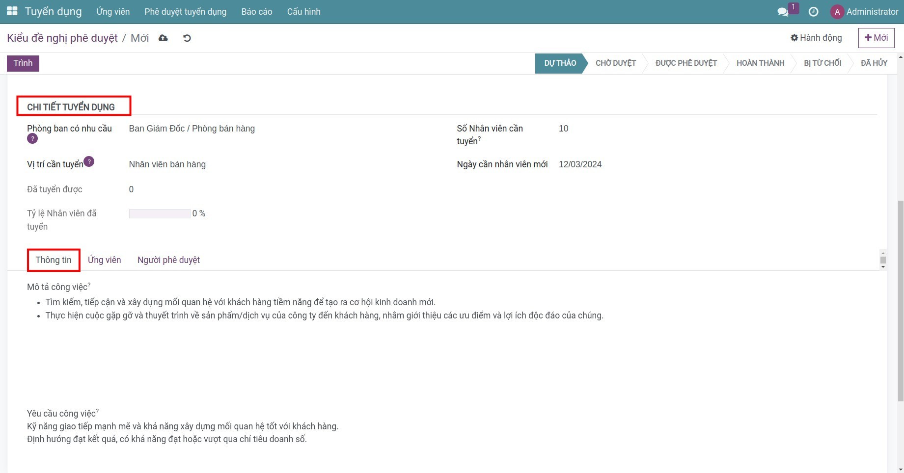 Giao diện Tạo đề nghị phê duyệt và tab Thông tin