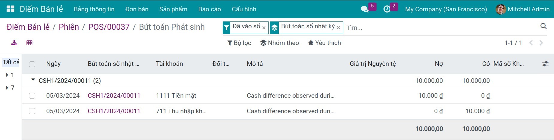 Bút toán chênh lệch Viindoo PoS