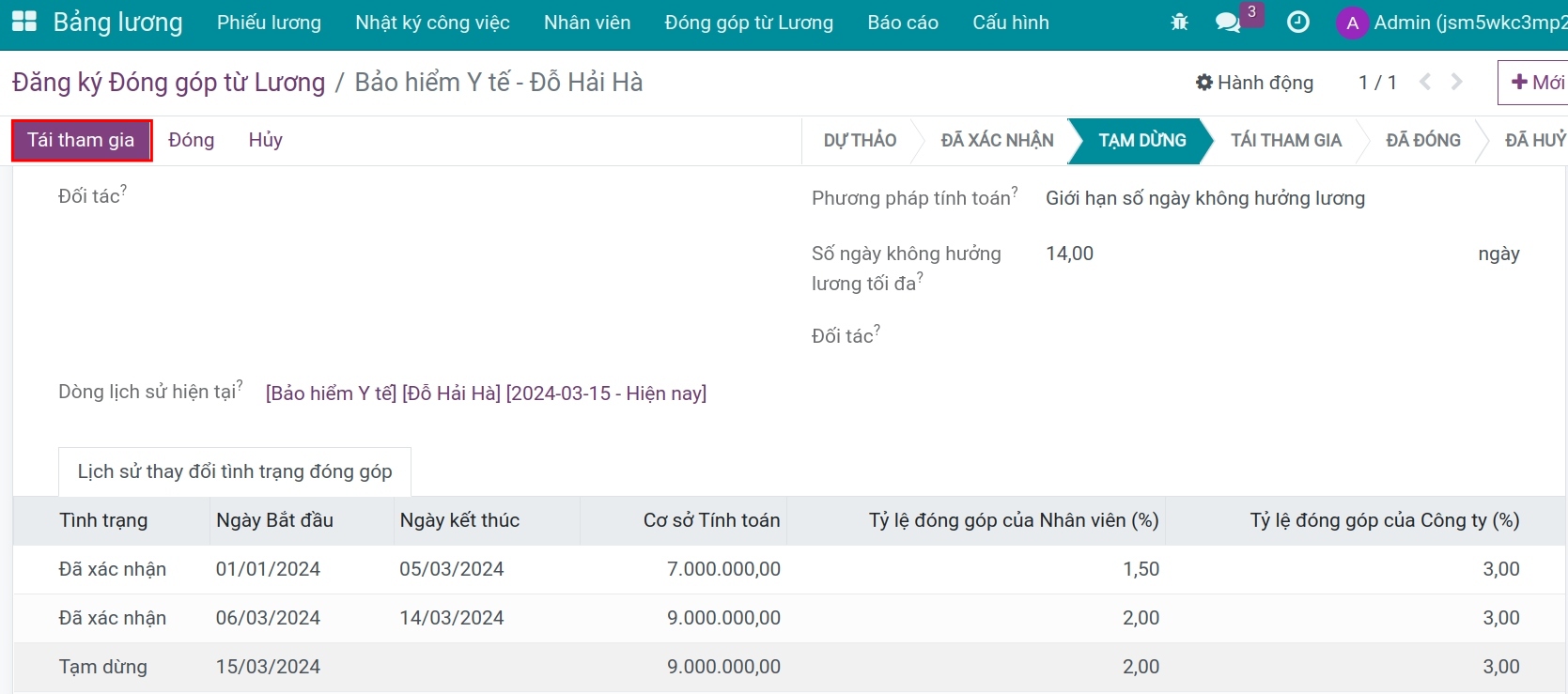 Hiển thị nút Tái tham gia bảo hiểm trên bản ghi đã tạm dừng