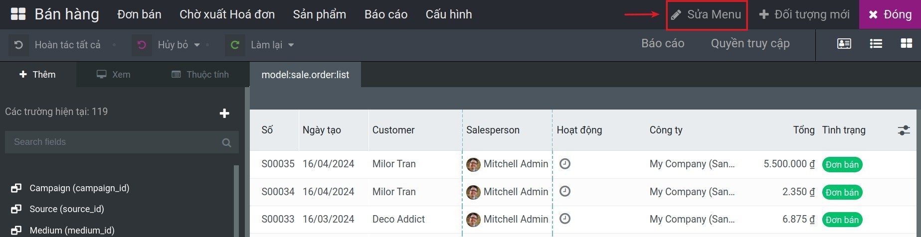 Bấm nút chỉnh sửa mennu