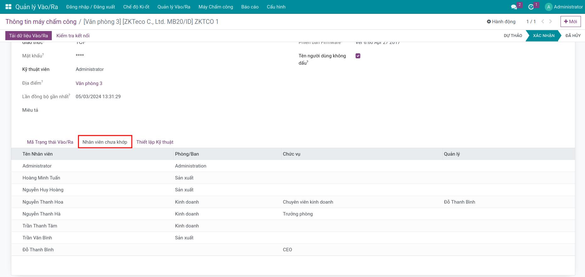 Nhân viên chưa khớp