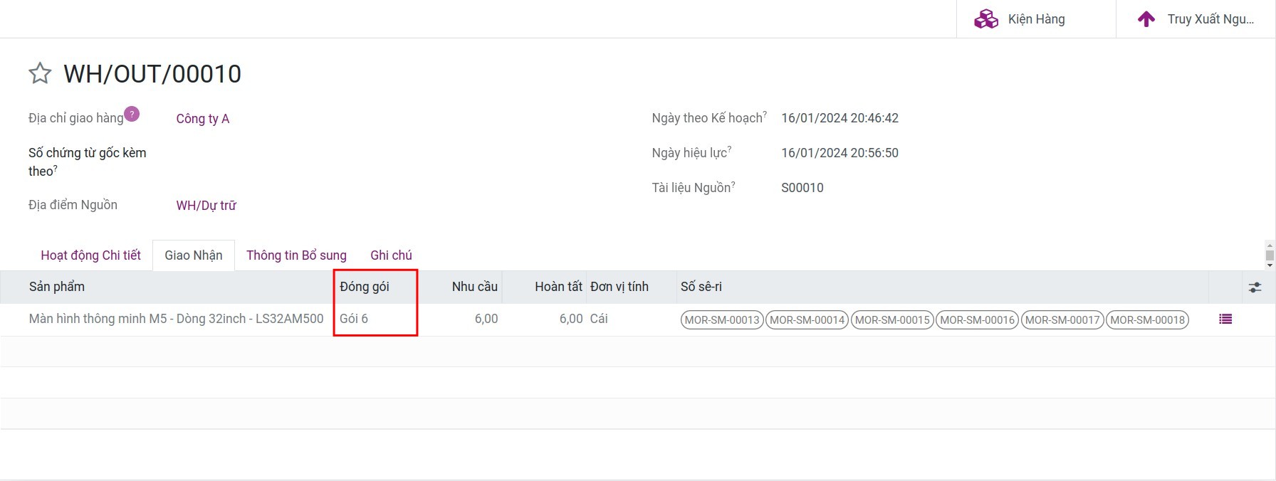 Xem các sản phẩm đóng gói trên phiếu kho