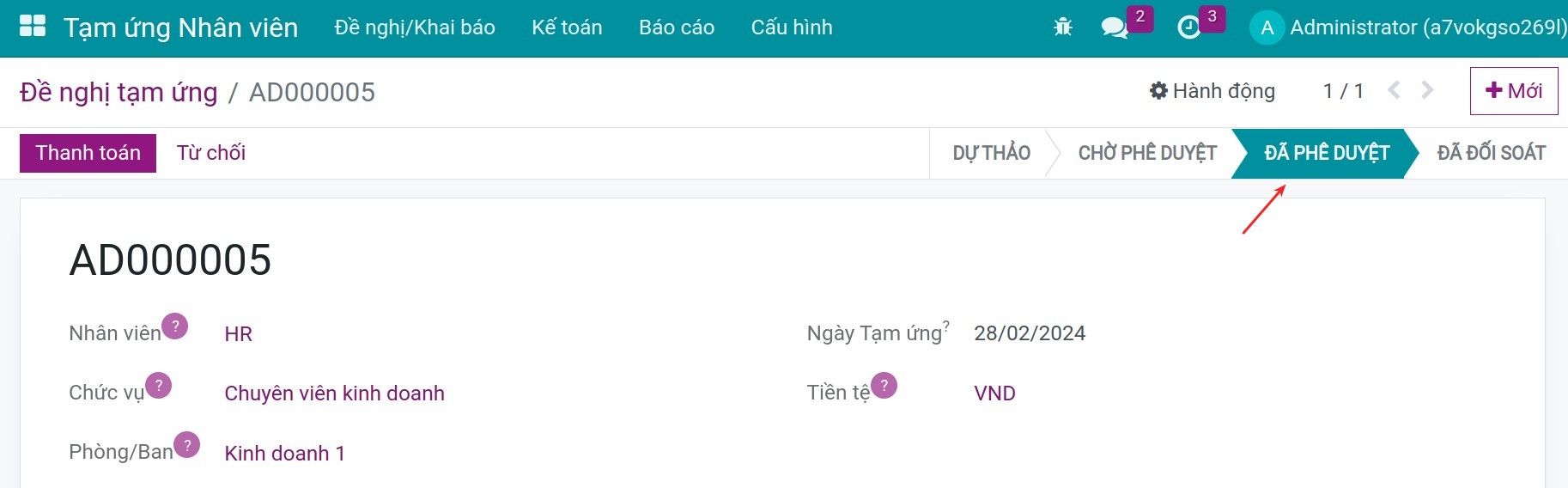 Phiếu đề nghị ở trạng thái Đã phê duyệt