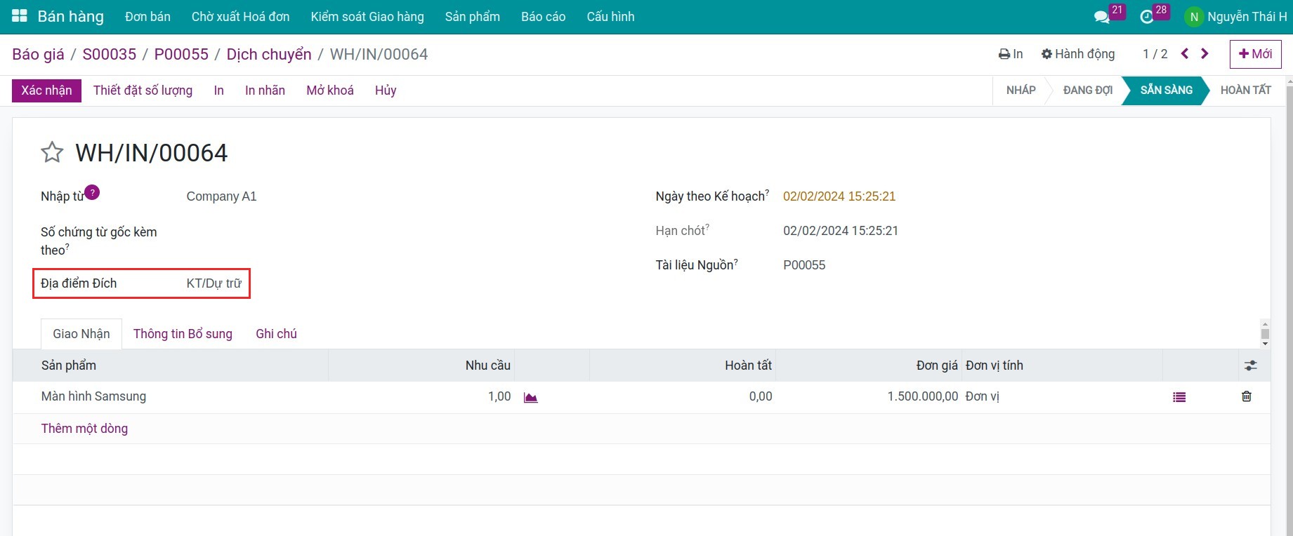 Phiếu nhận hàng