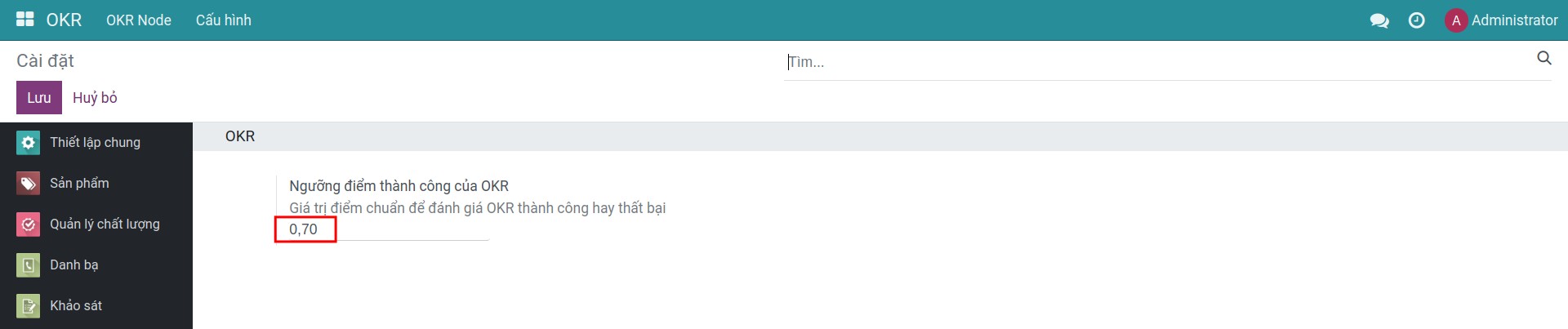 Thiết lập ngưỡng điểm thành công mặc định trên Viindoo OKR