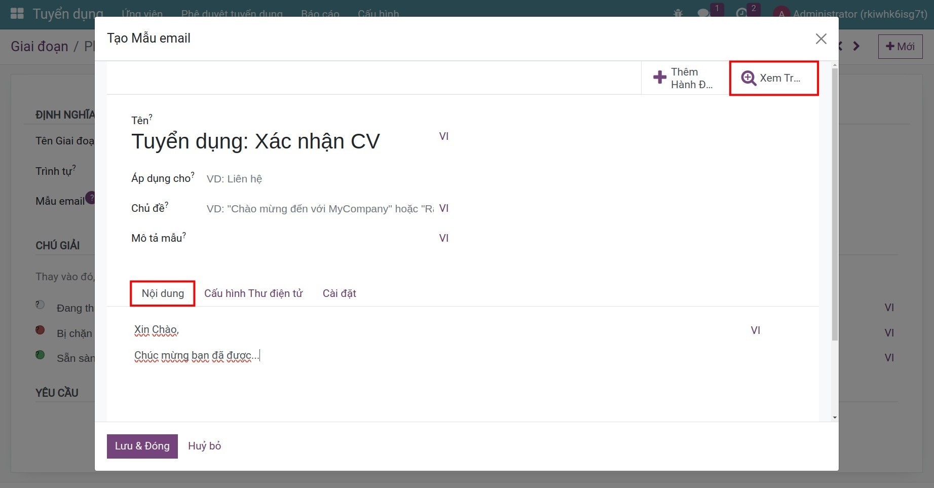 Tạo mẫu email tab nội dung